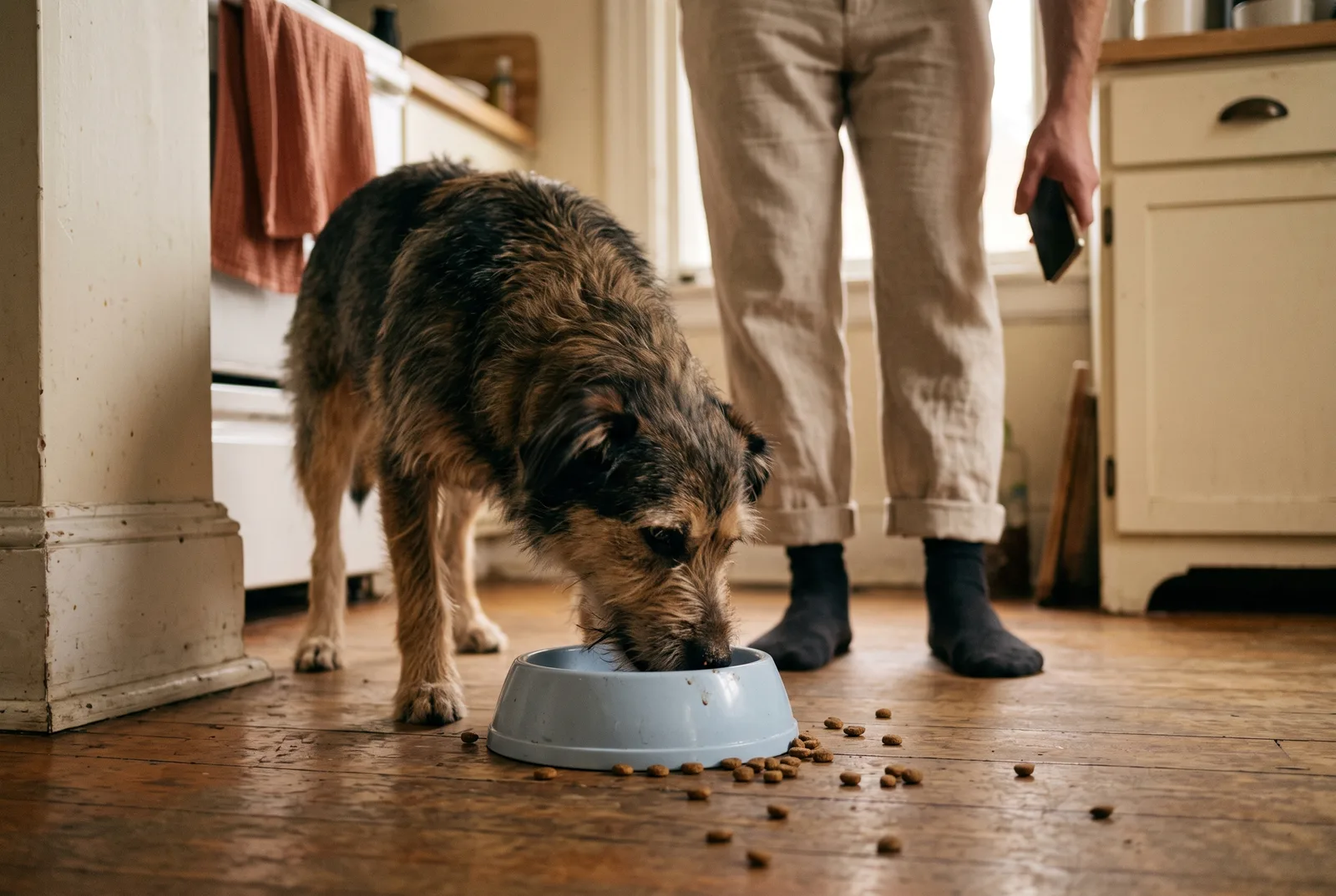 A dog eating too fast from a plastic bowl, kibble scattered across the kitchen floor