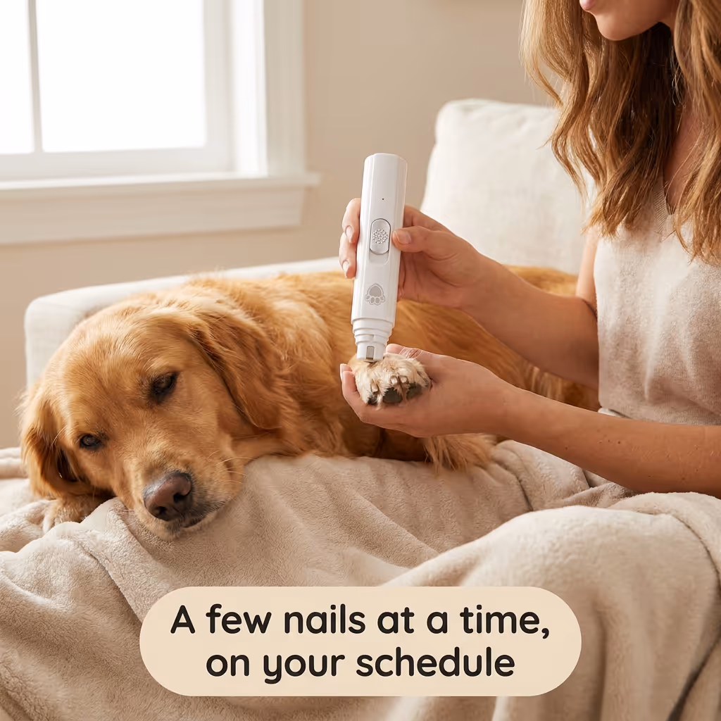Pet owner grooming a calm dog's nails at home using the rechargeable trimmer