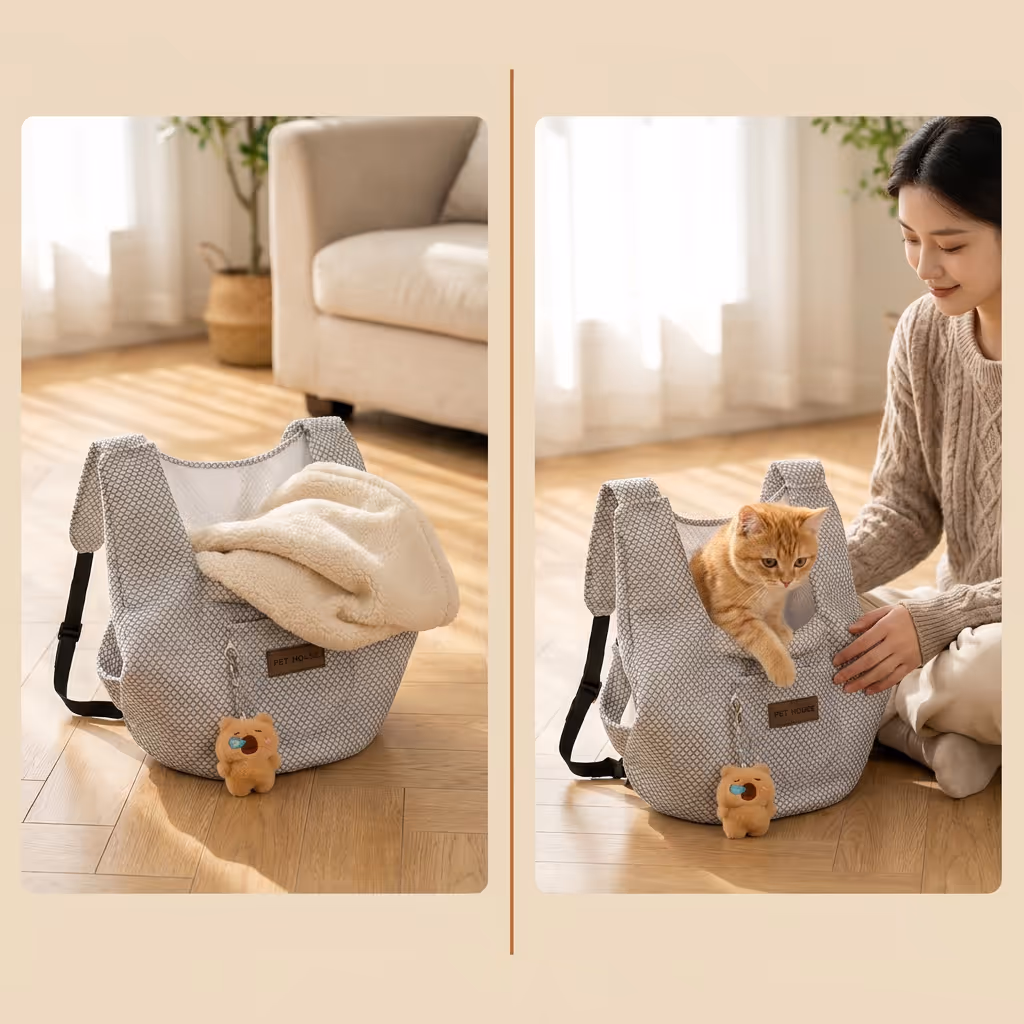 Carrier backpack used during a daily walk, hike, or car trip with a pet