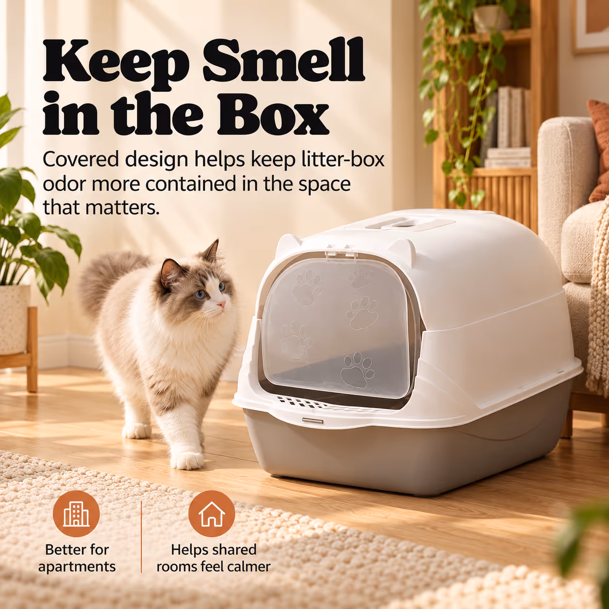 Enclosed litter box placed in a tidy home corner, containing litter mess