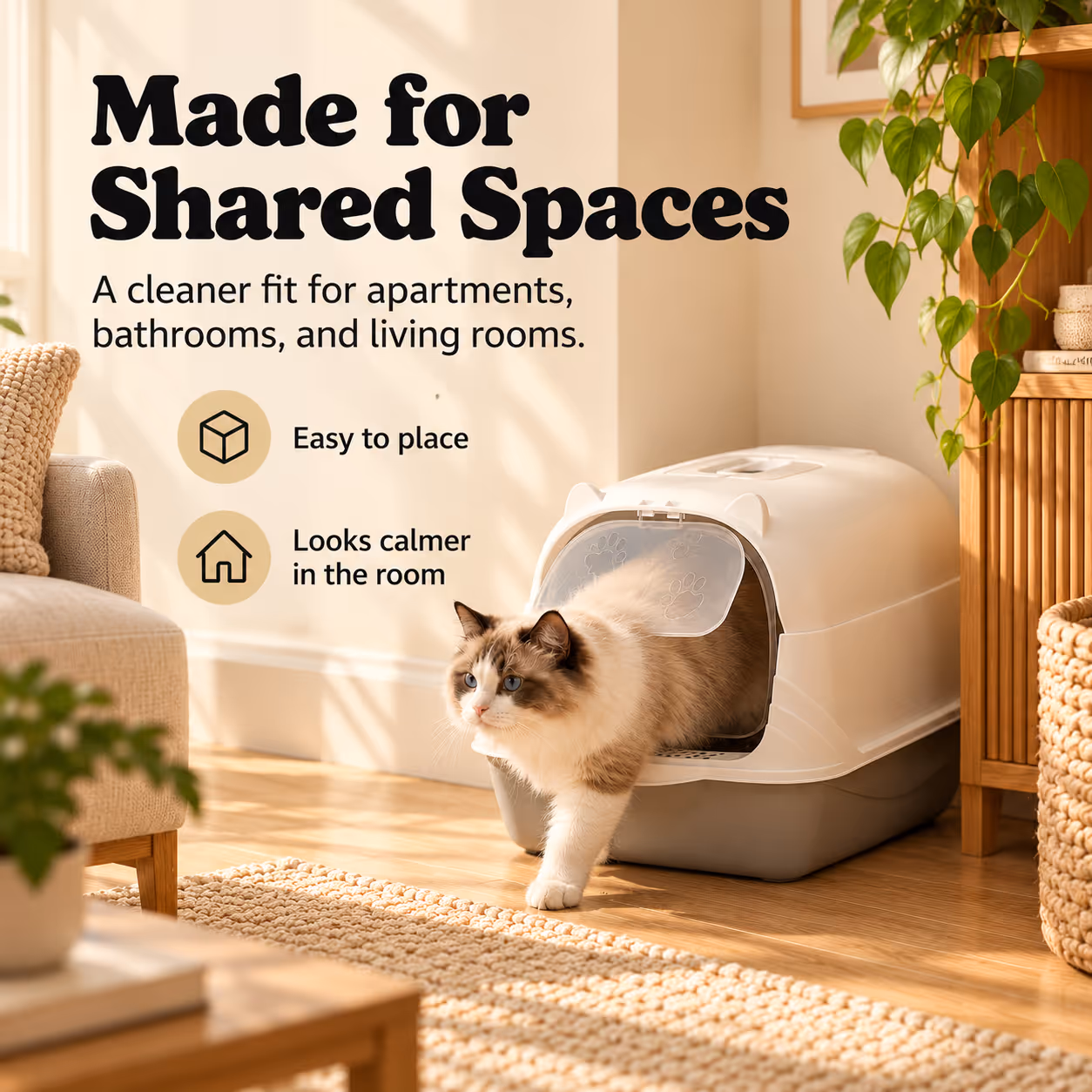 Large cat stepping into the enclosed litter box comfortably in a home setting