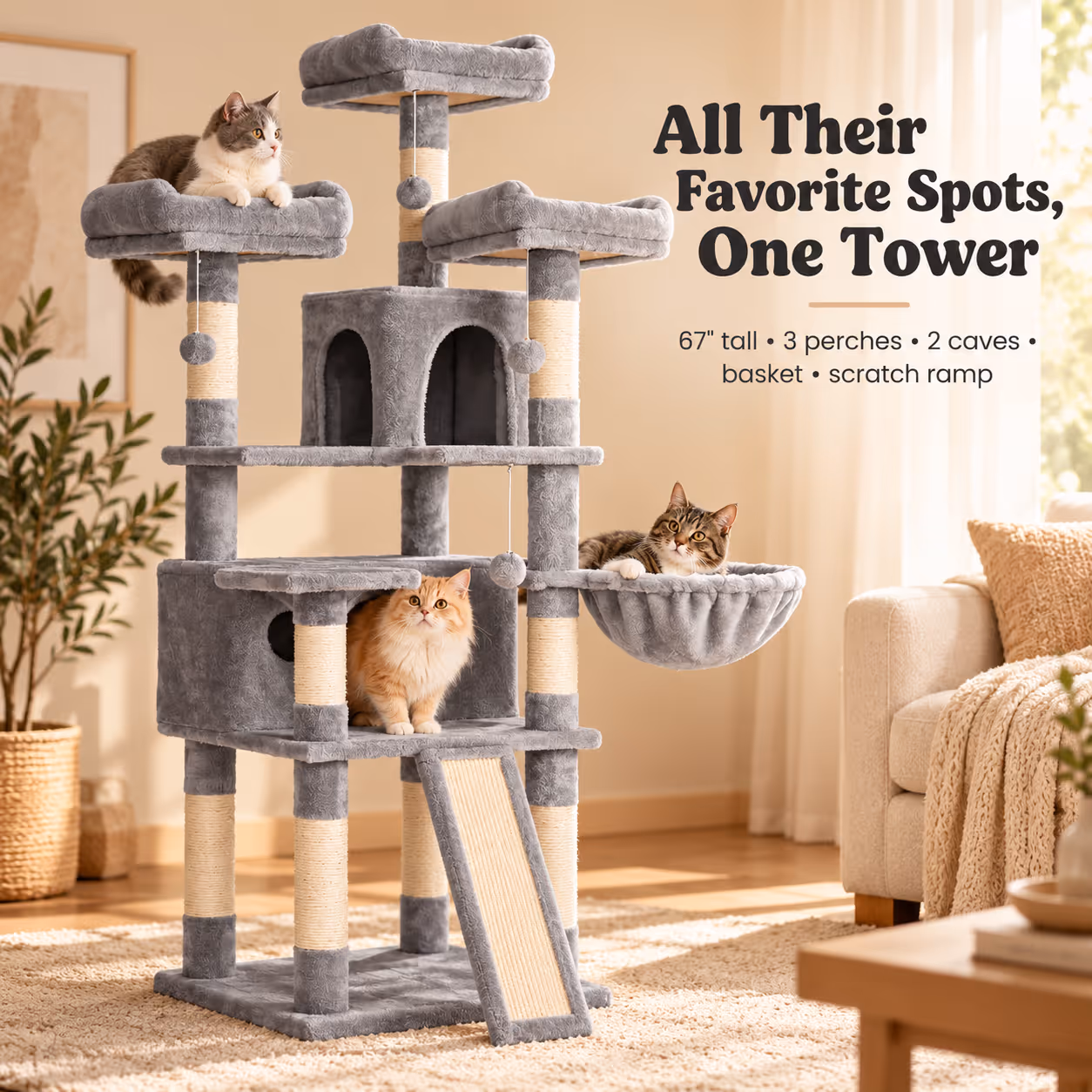 Cat Tree, 67.7 Inches Large Tower, Cat Condo — Section 5A
