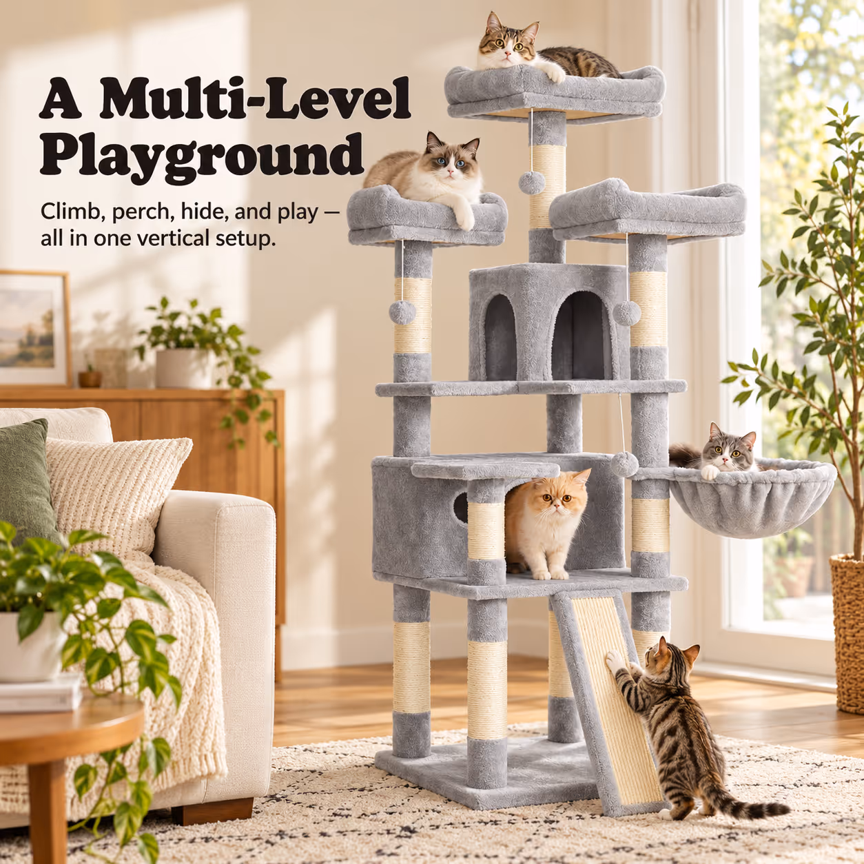 Cat Tree, 67.7 Inches Large Tower, Cat Condo — Section 9