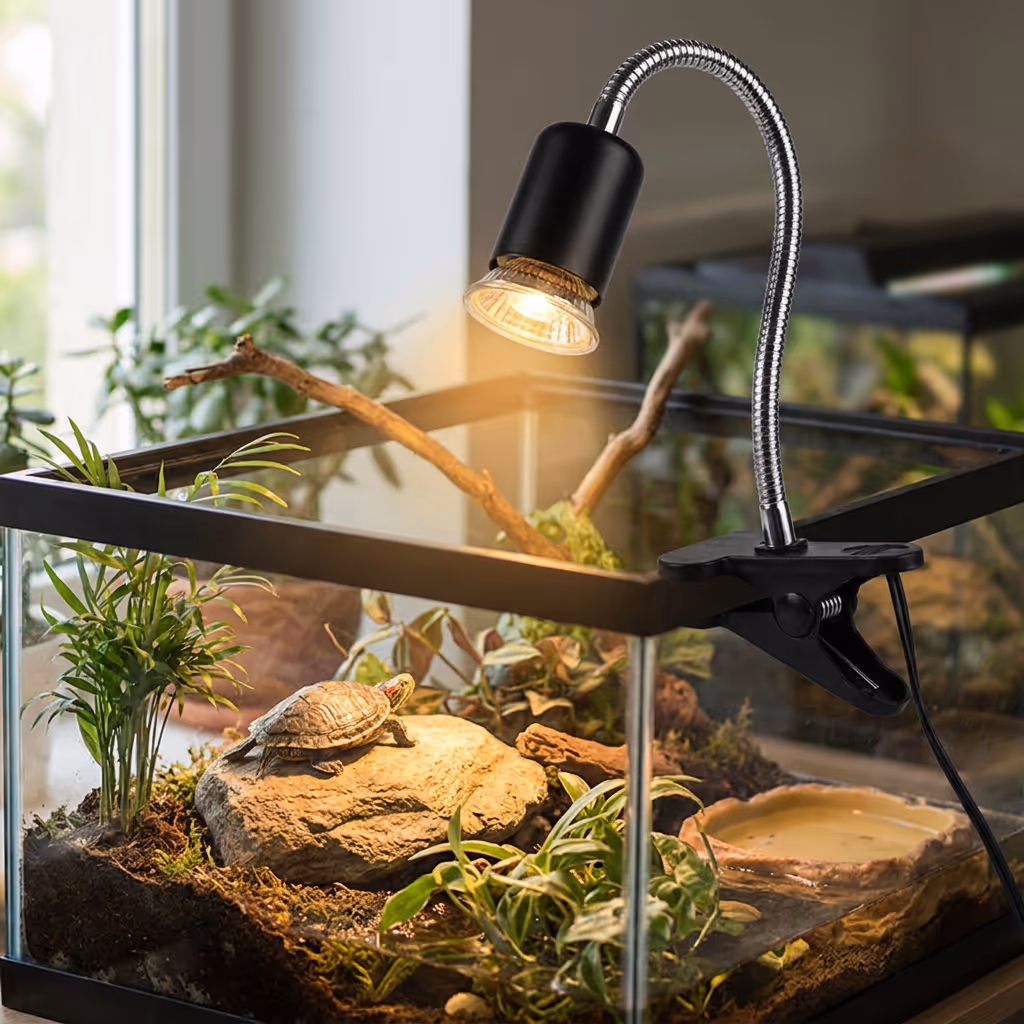 Bearded dragon basking under the warm UVA light inside its enclosure