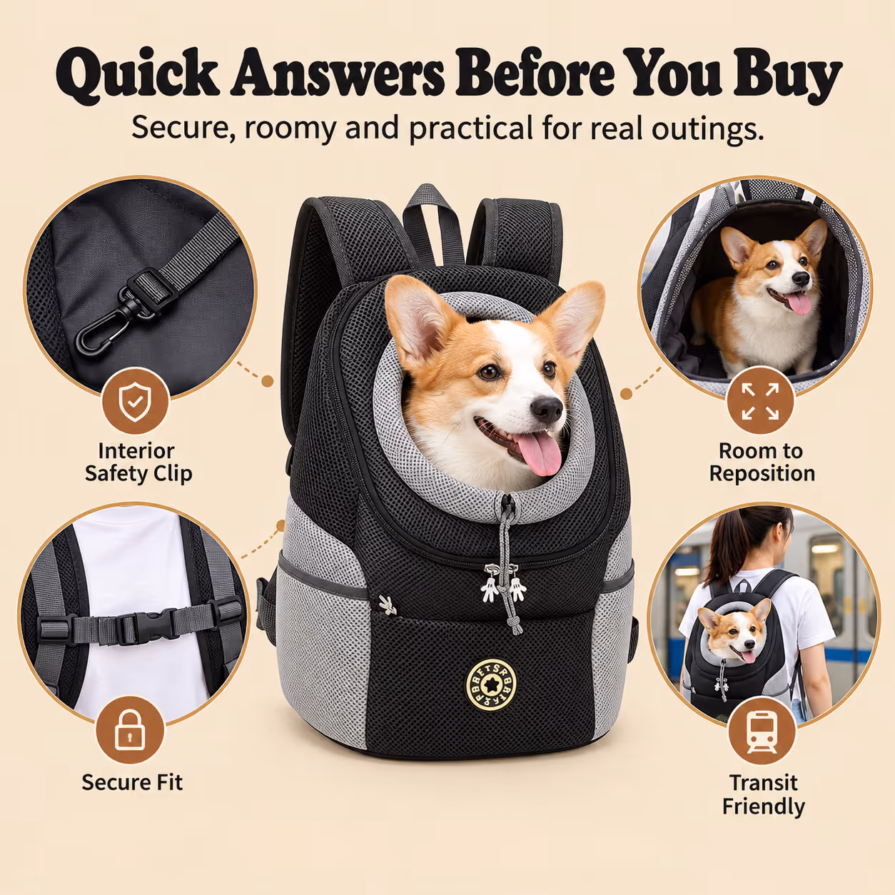 Dog carrier backpack packed and ready near a suitcase for travel